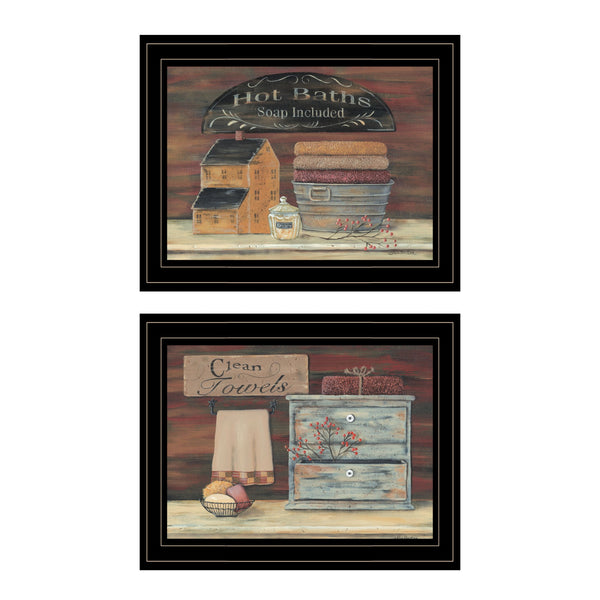 Homeroots Set Of Two Hot Bath Or Clean Towels 2 Black Framed Print Bathroom Wall Art  Wood Product Paper Print Uv Coating 406672