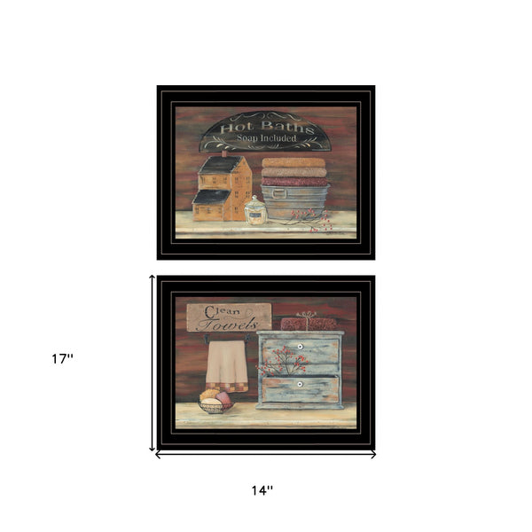 Homeroots Set Of Two Hot Bath Or Clean Towels 2 Black Framed Print Bathroom Wall Art  Wood Product Paper Print Uv Coating 406672