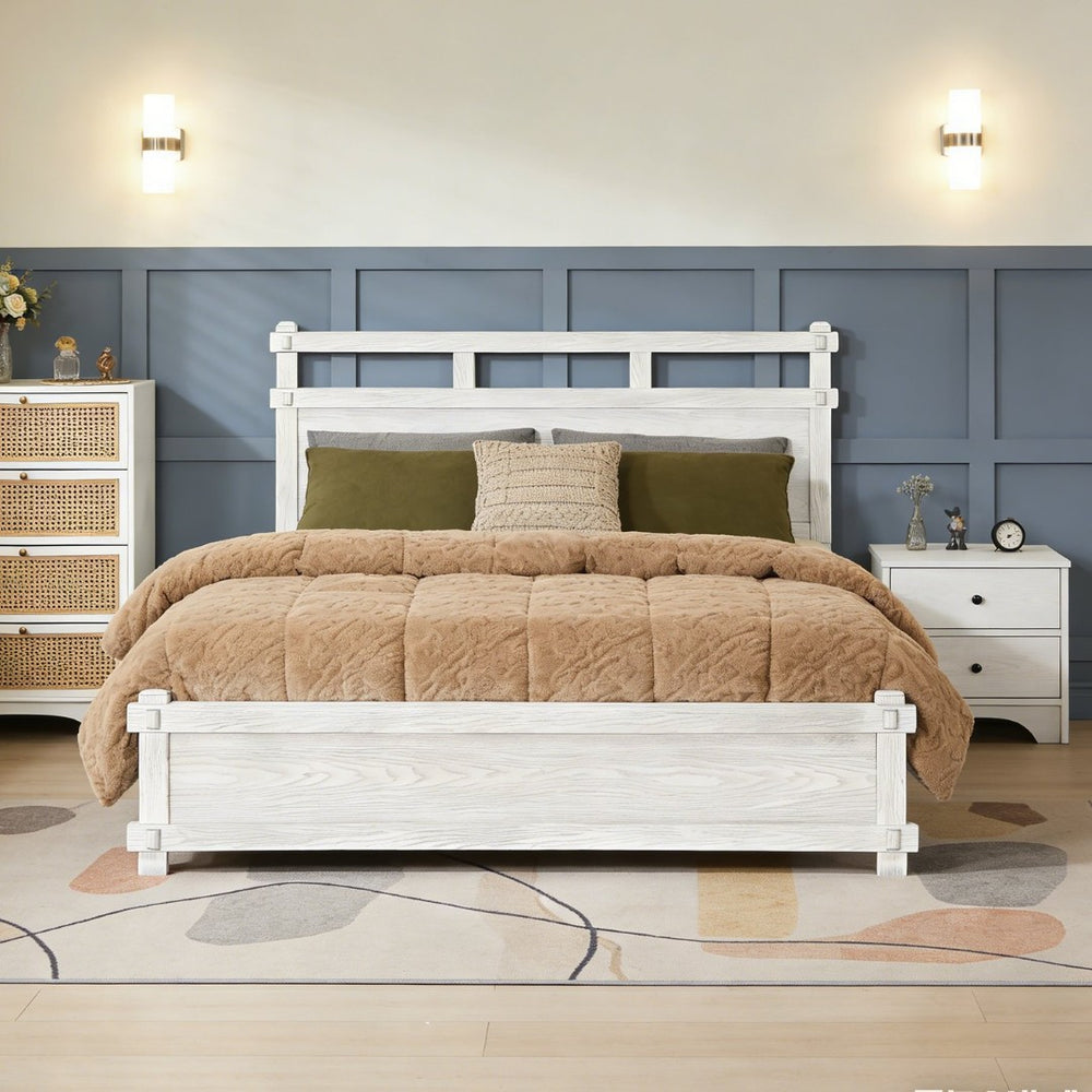 English Elm Queen Farmhouse Platform Bed Antique White Wood Grain Two-tiered Headboard Solid Frame N758P369329W