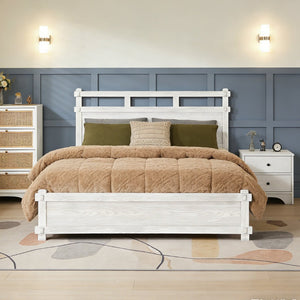English Elm Queen Farmhouse Platform Bed Antique White Wood Grain Two-tiered Headboard Solid Frame N758P369329W