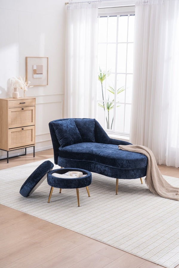 English Elm 58'' Chenille Chaise Lounge with Footstool Pocket Spring Comfort for Bedroom Living Room Blue W2363S00090