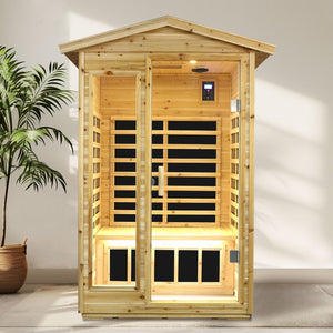 English Elm Two Person Far Infrared Outdoor Sauna Fir Wood Cabin with Bluetooth and Lcd Control W632S00031