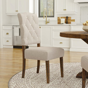 Alpine Furniture Newberry Parson Side Chairs Set Of 2-Inches Medium Brown Upholstery With Tufted Back & Acacia Legs - Rustic Elegance For Dining (100) 4068-02