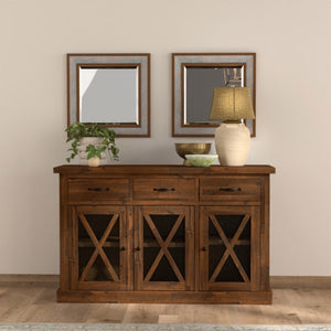 Alpine Furniture Newberry Rustic Acacia Sideboard With Wine Rack, Medium Brown Distressed Finish, 58" W Storage 4068-06