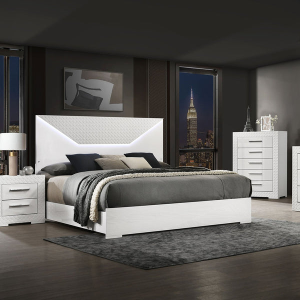 English Elm Pierce Queen Bed White High Gloss LED Headboard Diamond Panel Modern Platform Bed with Halo Lighting B062S01368