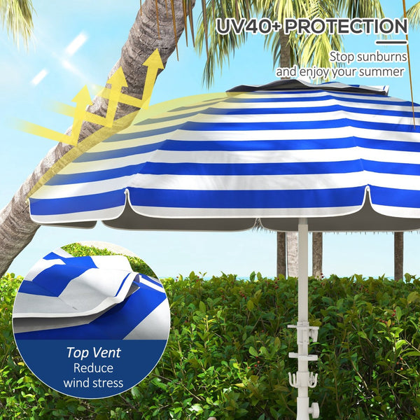 English Elm Outsunny 5.7' Portable Beach Umbrella - Uv 40+ Protection, Adjustable Height, Cup Holders & Hooks W2225P200537-GIGA