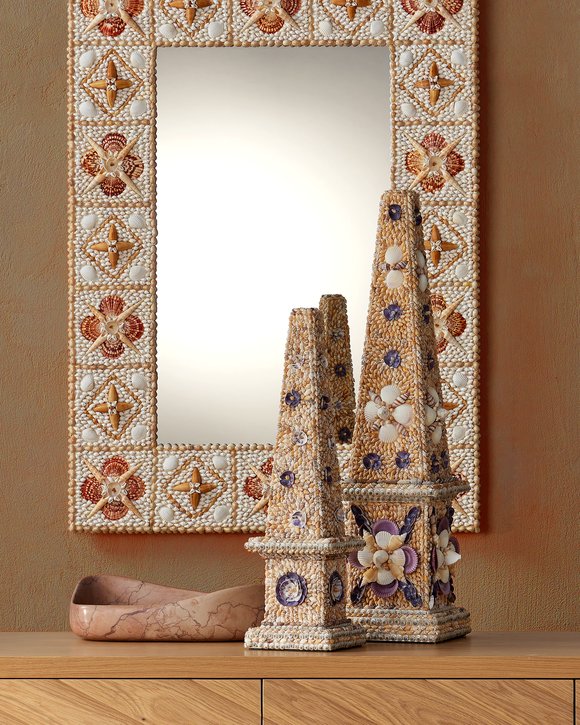 Currey & Company Coquillage Short Obelisk - Exquisite Shell-incrusted Sculpture With Floral Motifs For Unique Decor Natural Shells ,Wood 1200-1042-currey-company