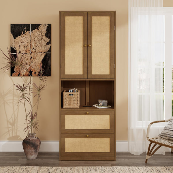 English Elm 2 Door Bookshelf with USB Port and 3 Drawers — Compact Pine-MDF Storage Cabinet for Living Room Walnut 80.1 L x 17.65 W x 6.3 H N701P245551D