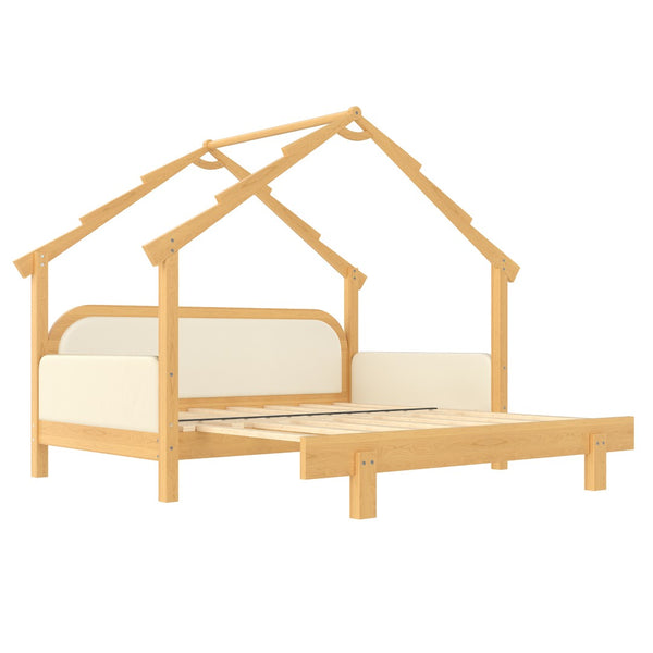 English Elm Twin Pine Treehouse Floor Bed with Padded Rails and Cabin Roofline for Kids White W1580S00383