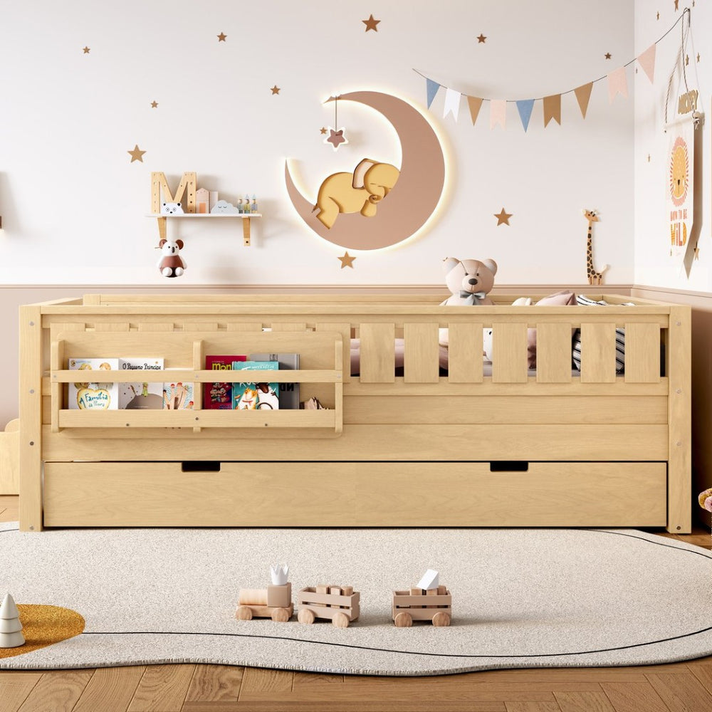 English Elm Twin Kids Platform Bed with Trundle Staircase Bookshelf and Rounded Safety Rails Light Natural W1580S00557