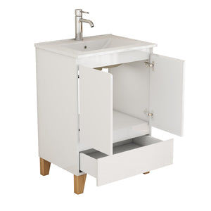 English Elm 24-inch Glossy White Bathroom Vanity Combo with Ceramic Sink and Solid Wood Feet W3151S00066