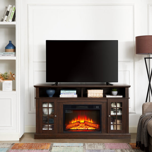 English Elm Classic TV Media Stand with 23" Electric Fireplace Insert, 65" TV Support, Ample Storage & Cable Management Espresso W2275S00015