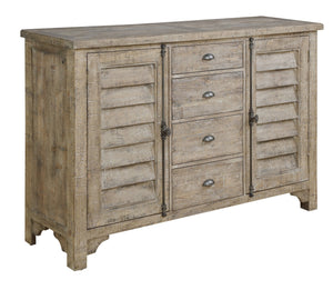 English Elm Wallace & Bay - Taupe Louvred Door Buffet Cabinet with Rustic Sandstone Finish, Easy-Care Wood Storage, 68"W x 42"H B361P384466