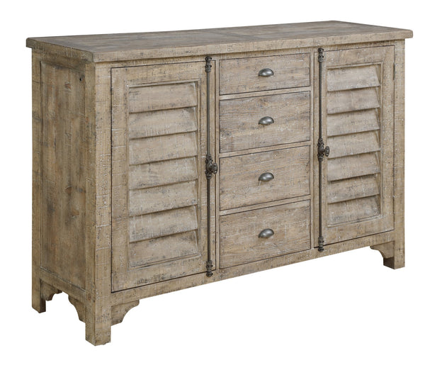 English Elm Wallace & Bay - Taupe Louvred Door Buffet Cabinet with Rustic Sandstone Finish, Easy-Care Wood Storage, 68"W x 42"H B361P384466