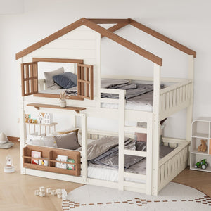 English Elm Full Bunk Bed with Trundle Bookshelf Storage Pine Frame Car Design for Kids Beige W1580S00523