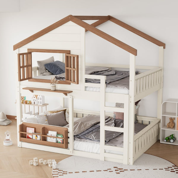 English Elm Full Bunk Bed with Trundle Bookshelf Storage Pine Frame Car Design for Kids Beige W1580S00523