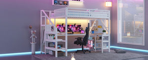 English Elm Metal Full Loft Bed with L Shaped Desk Wardrobe Rgb Lighting and Usb Charging White W2593S00054
