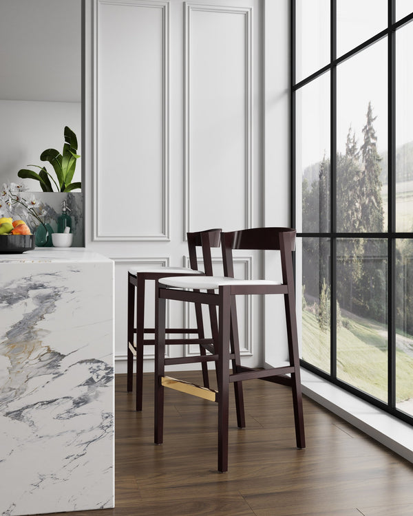 English Elm Klismos Wood Upholstered Barstool with Walnut Beech Frame, Faux Leather Seat, Gold Footrest, 30.5" Seat Height Ivory B365P398465