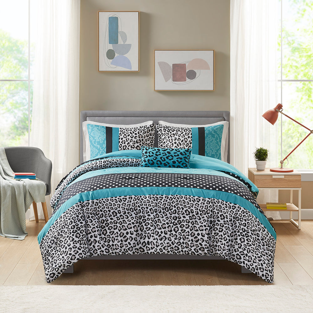 JLA Home Mi Zone - Comforter Chloe mixed polka dot, damask & leopard in black white teal with embroidered pillow, washable 90 L x 86 W x 1.5H MZ10-226