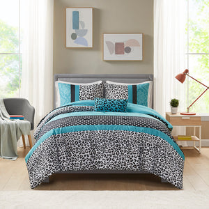 JLA Home Mi Zone - Comforter Chloe mixed polka dot, damask & leopard in black white teal with embroidered pillow, washable 90 L x 86 W x 1.5H MZ10-226