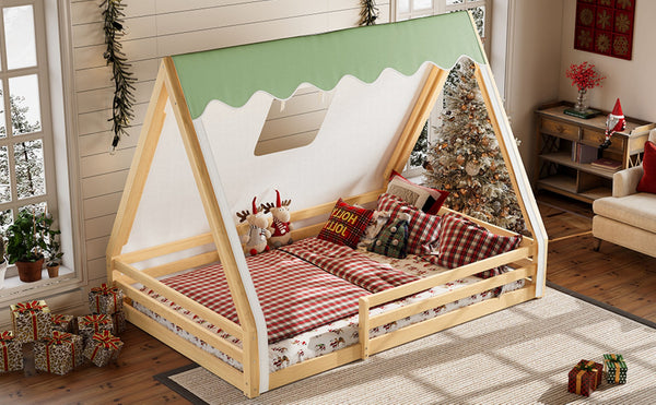 English Elm Twin Montessori Floor Bed Solid Pine Teepee Frame with Guardrails and Canopy Light Natural W1580P369468
