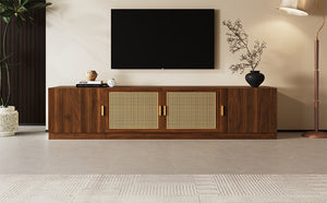 English Elm 78" TV Stand for TVs up to 85" — Walnut Media Console with Rattan Doors, Fluted Fronts & Adjustable Shelves N710P362196P