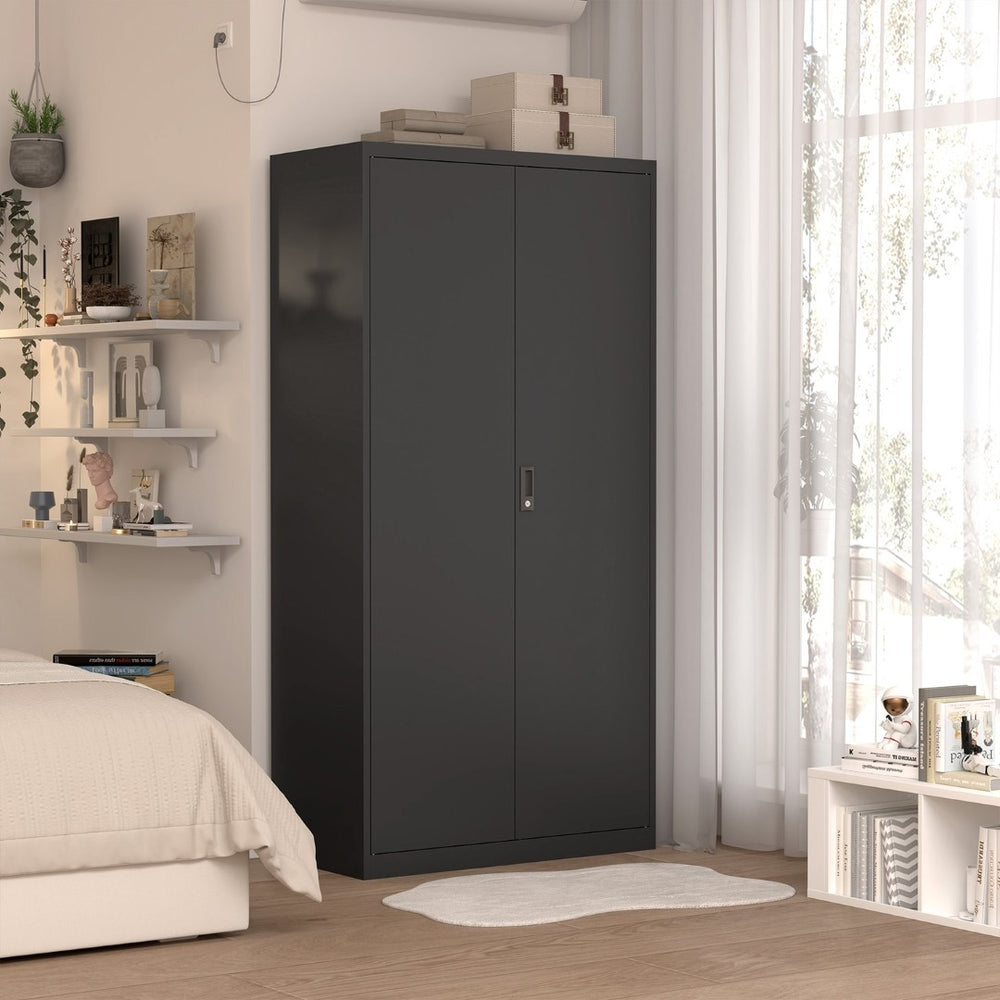English Elm Black Steel Lockable Wardrobe with Hanging Rod Adjustable Shelves for Organized Storage Black W1247P372607