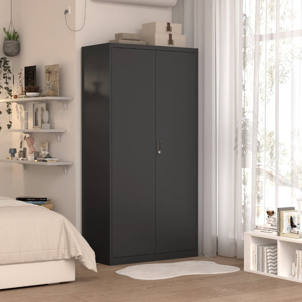 English Elm Black Steel Lockable Wardrobe with Hanging Rod Adjustable Shelves for Organized Storage Black W1247P372607
