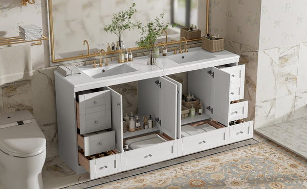 English Elm 72" Freestanding Shaker Bathroom Vanity Double Ceramic Sink Eight Soft Close Drawers N729P000032K