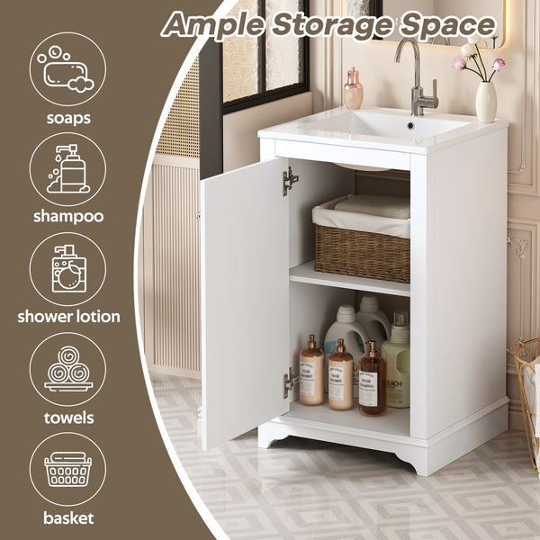 English Elm 20-inch Bathroom Vanity with Ceramic Sink, Modern Freestanding Single Vanity with Soft-Close Doors and Adjustable Shelf for Ample Organized Storage White N710P317678K