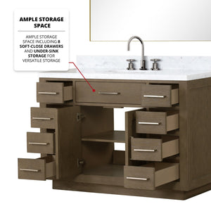 English Elm Grey Oak Single Bath Vanity Set With Carrara Marble Top, Faucet, And 46" Frameless Mirror Included B2731S01964