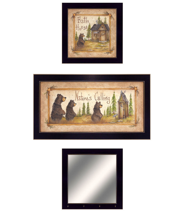 Homeroots Set Of Three Natures Calling Black Framed Bathroom Wall Art With Mirror And Hooks  Paper 407060