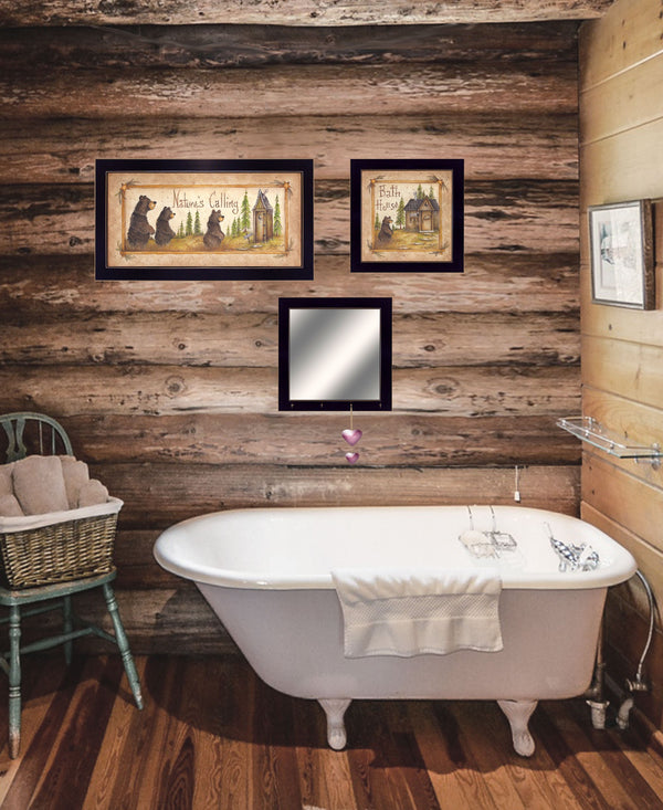 Homeroots Set Of Three Natures Calling Black Framed Bathroom Wall Art With Mirror And Hooks  Paper 407060