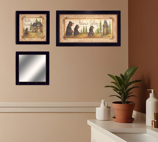 Homeroots Set Of Three Natures Calling Black Framed Bathroom Wall Art With Mirror And Hooks  Paper 407060