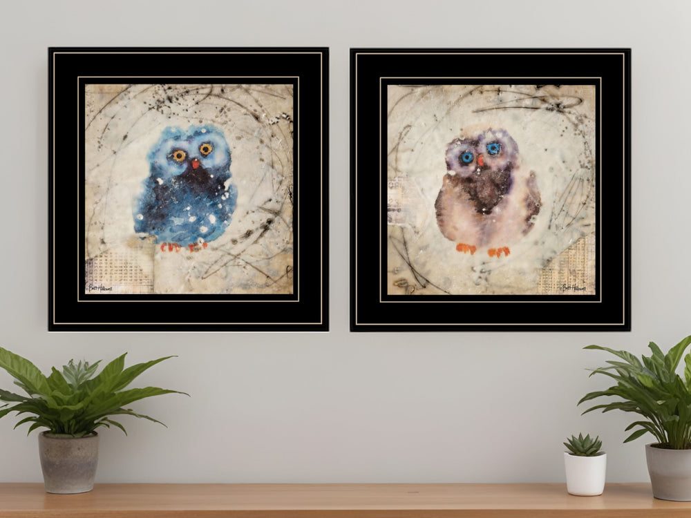 Homeroots Set Of Two Wonder Years Owls Black Framed Print Wall Art  Paper 407068
