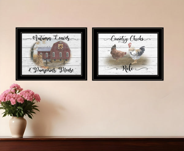 HomeRoots Set of Two Framed Chicken and Autumn Wall Art Prints for Charming Farmhouse Decor 407074