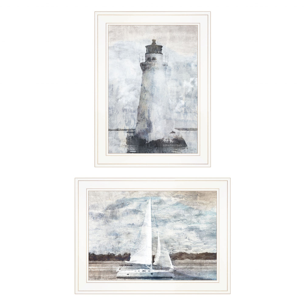 Homeroots Set Of Two Lighthouse Sailboat 1 White Framed Print Wall Art  Paper 407079