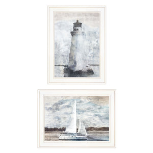 Homeroots Set Of Two Lighthouse Sailboat 1 White Framed Print Wall Art  Paper 407079