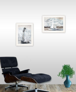 Homeroots Set Of Two Lighthouse Sailboat 1 White Framed Print Wall Art  Paper 407079
