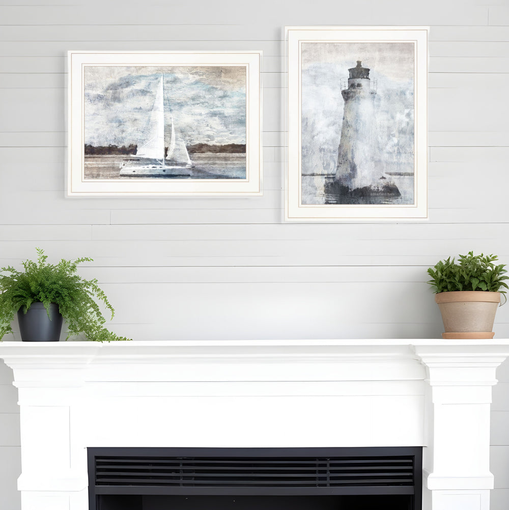 Homeroots Set Of Two Lighthouse Sailboat 1 White Framed Print Wall Art  Paper 407079