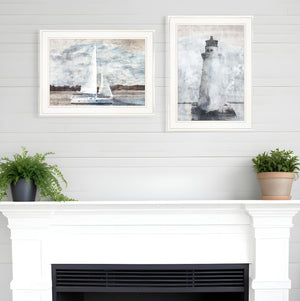 Homeroots Set Of Two Lighthouse Sailboat 1 White Framed Print Wall Art  Paper 407079