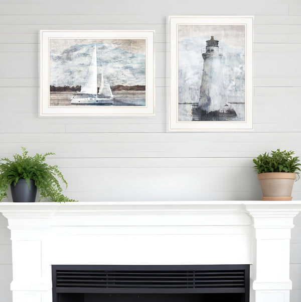 Homeroots Set Of Two Lighthouse Sailboat 1 White Framed Print Wall Art  Paper 407079