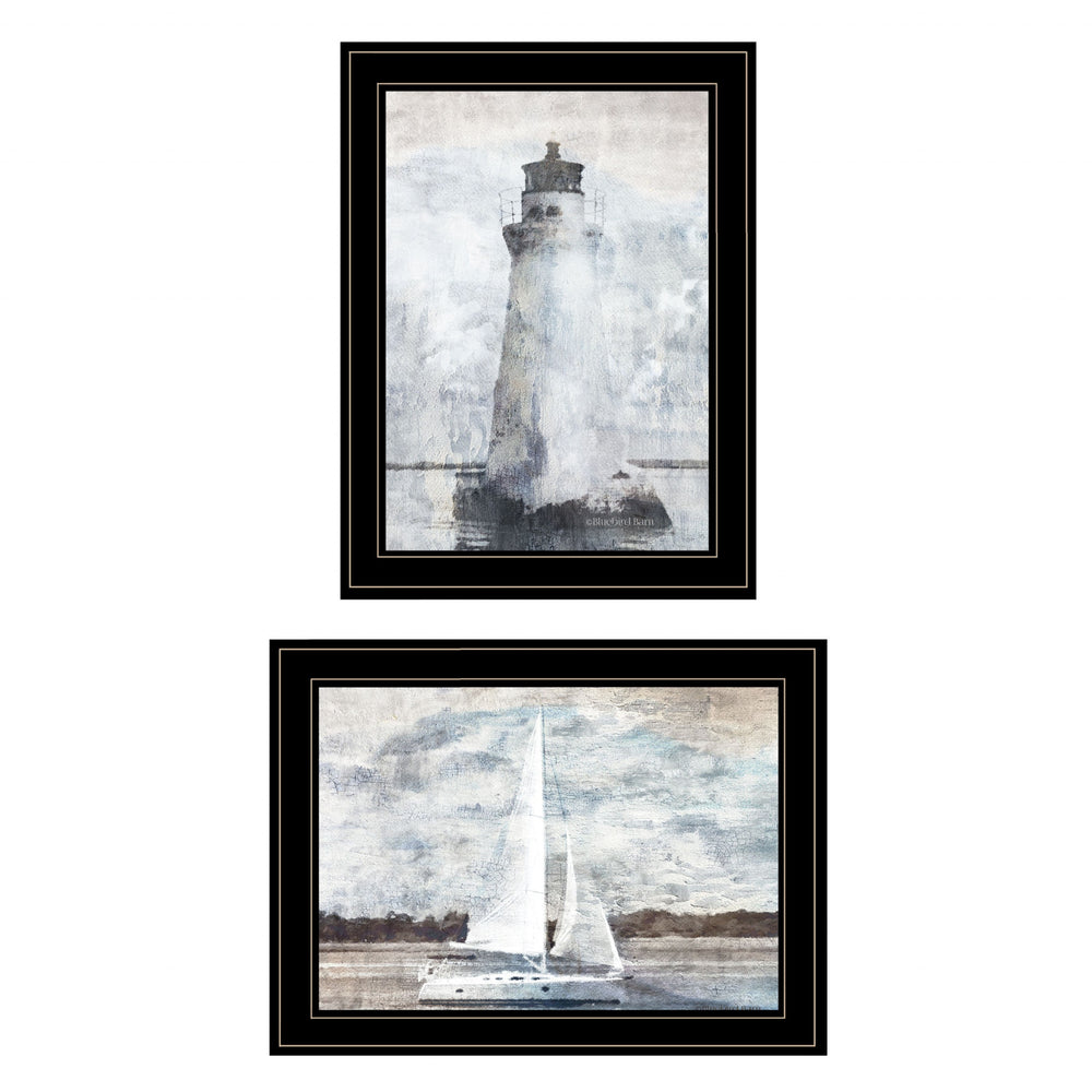 Homeroots Set Of Two Lighthouse Sailboat 2 Black Framed Print Wall Art  Paper 407080