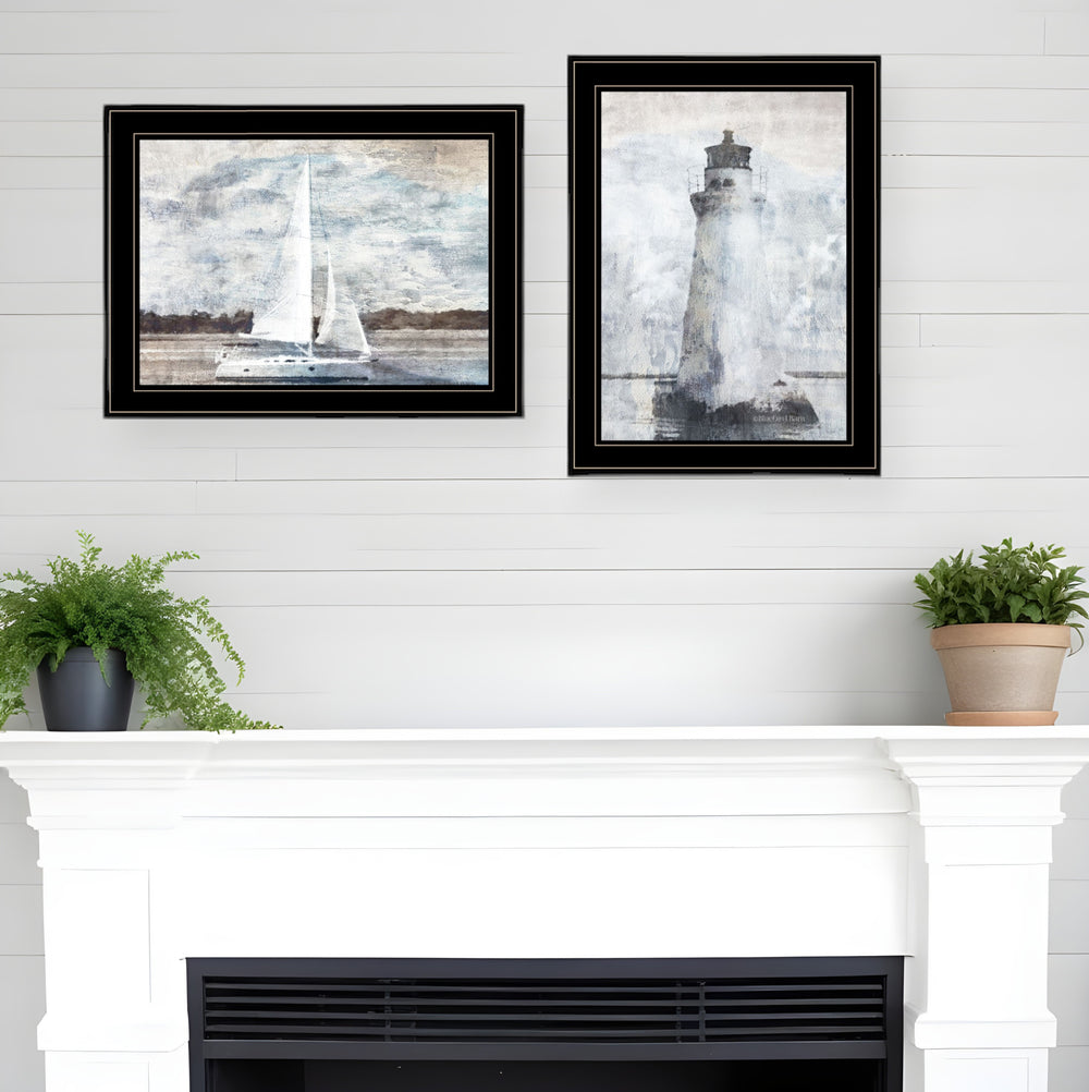 Homeroots Set Of Two Lighthouse Sailboat 2 Black Framed Print Wall Art  Paper 407080