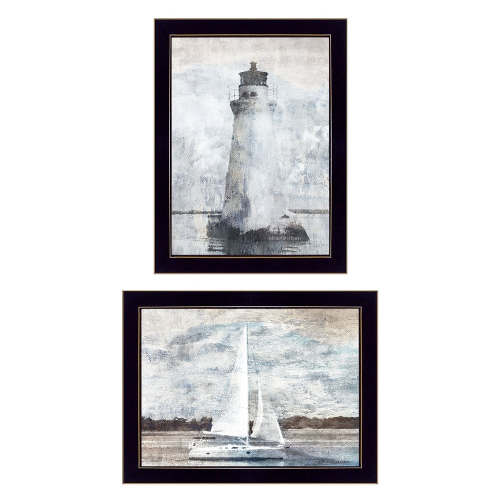 Homeroots Set Of Two Lighthouse Sailboat Black Single Rim Framed Print Wall Art  Paper 407081