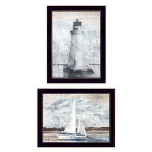 Homeroots Set Of Two Lighthouse Sailboat Black Single Rim Framed Print Wall Art  Paper 407081
