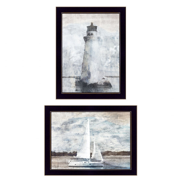 Homeroots Set Of Two Lighthouse Sailboat Black Single Rim Framed Print Wall Art  Paper 407081