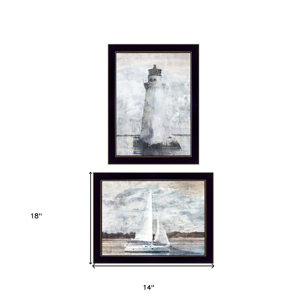 Homeroots Set Of Two Lighthouse Sailboat Black Single Rim Framed Print Wall Art  Paper 407081