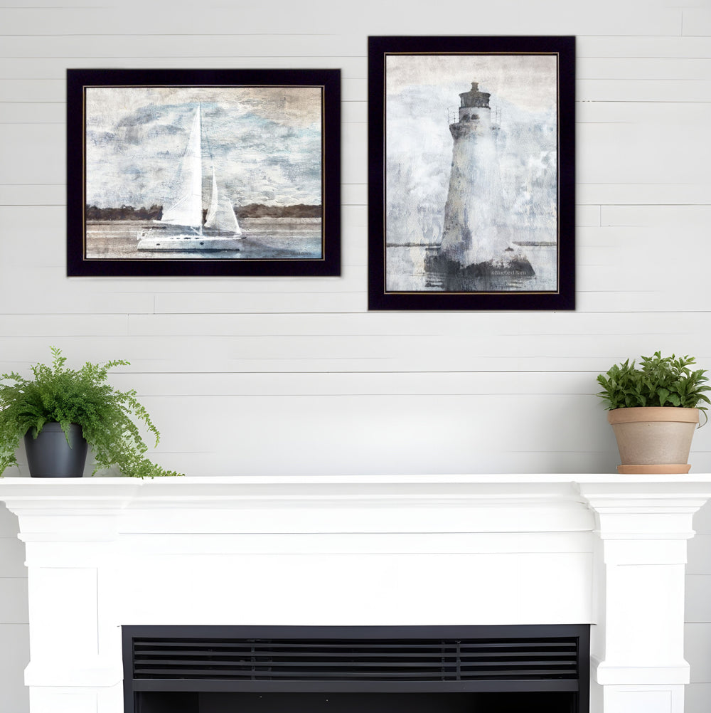 Homeroots Set Of Two Lighthouse Sailboat Black Single Rim Framed Print Wall Art  Paper 407081