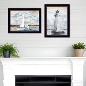 Homeroots Set Of Two Lighthouse Sailboat Black Single Rim Framed Print Wall Art  Paper 407081